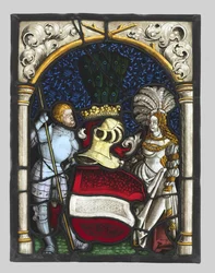 Heraldik-Panel, das einen Ritter und eine Dame mit den Wappen des Erzherzogtums Österreich darstellt, um 1515