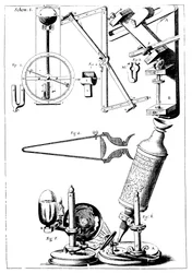 Hookes Mikroskop mit Kondensor zur Lichtkonzentration, 1665