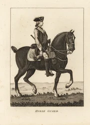 Horse Guard, in Militäruniform mit Dreispitz, Musket