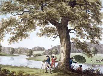 Humphry Repton beim Vermessen mit einem Theodolit, spätes 18. bis frühes 19. Jahrhundert