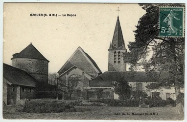 Île-de-France, Seine-et-Marne (77), Ozouer-le-Repos: Außenansicht der Kirche Saint-Aubin - Postkarte von 1908