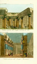Innenraum des Tempels der Isis auf der Insel Philae, Nubien, und Innenraum des Großen Tempels von Ramses II in Abu Simbel (Ibsambul), Nubien