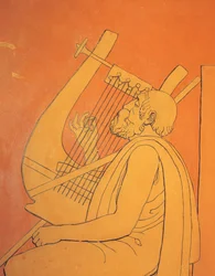 Innenansicht dekorativer figurativer Zeichnungen männlicher symbolischer Darstellungen des antiken Griechenlands im Speisesaal von Holmwood, Glasgow (Foto)