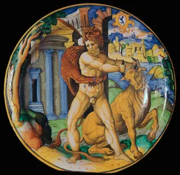 Italienischer Irdenware-Teller mit einem Bild von Herkules und dem kretischen Stier, 16. Jahrhundert