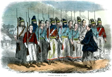 Japanische Soldaten beim Drill, 1864