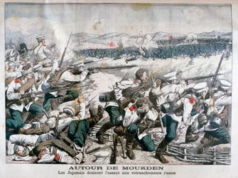 Japanische Truppen greifen russische Schützengräben an, Mukden, Mandschurei, Oktober 1904