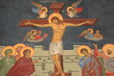 Kreuzigung Jesu. Orthodoxe Kirche Saint-Antoine-le-Grand, Saint-Laurent-en-Royans, Frankreich
