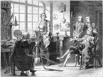 Joseph Black besucht James Watt in seiner Werkstatt in Glasgow, ca. 1760 ca. 1879