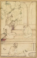 Kabir und zwei Anhänger auf einer Terrasse recto, Kalligraphie verso, um 1610-1620