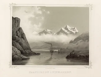 Kåfjord in Finmark. Illustration aus dem Buch Norge fremstillet i Tegninger von P.Chr. Asbjørnsen, veröffentlicht von Chr. Tønsberg (Norwegen, 1848)