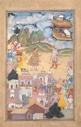 König Sal besucht Kala Yavana, Folio aus einer Harivamsa-Legende von Hari Krishna, ca. 1590-95