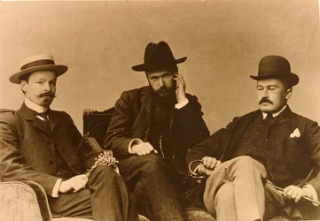 Konstantin Balmont, Sergei Poliakov und Modest Durnov, russische Dichter, 1904