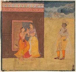 Krishna Abhisarika Nayika, aus einem Rasikapriya-Manuskript, ca. 1615-25