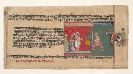 Krishna bringt den Boten Akrura ins Haus von Nanda, ca. 1620-30