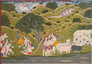 Krishna kehrt mit den Kuhhirten nach Braj zurück, aus einem Bhagavata Purana