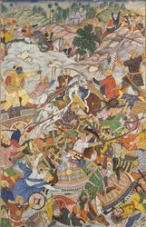 Krishna und Balarama kämpfen gegen den Feind, Folio aus einem Harivamsa Die Legende von Hari