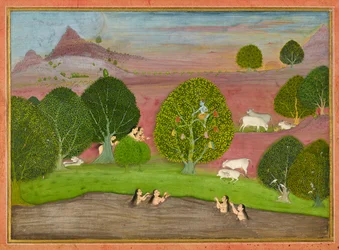 Krishna stiehlt die Kleider der Gopis, Folio aus einem Bhagavata Purana, ca. 1690-1700