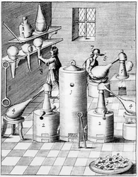 Labor zur Verfeinerung von Gold und Silber mit typischer Laborausrüstung, 1683