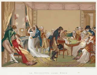 Damen und Herren spielen La Bouillotte, Frankreich, ca. 1804-1814