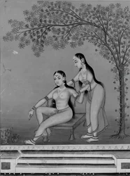 Dame bei ihrer Toilette mit Dienerin auf einer Terrasse, ca. 1800