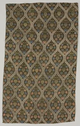 Lampas-Fragment mit Blüten im ogivalen Gitter, 1600er Jahre