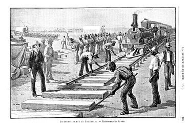Verlegung von Schwellen und Schienen auf der Transvaal-Eisenbahn, Südafrika, 1893