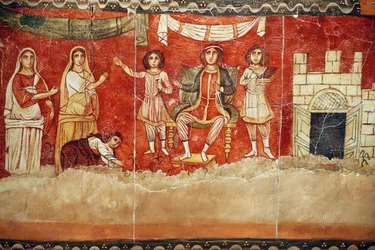Der Pharao und die Kindheit des Mose, Fresko aus der Synagoge von Dura Europos, 244-245, aufbewahrt im Nationalmuseum von Damaskus. Foto, aufgenommen im Jüdischen Museum in New York während einer Ausstellung.
