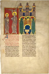Blatt aus einem Beatus-Manuskript: der Engel der Kirche von Sardes mit dem heiligen Johannes, ca. 1180