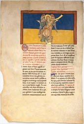 Blatt aus einem Beatus-Manuskript: Der siebte Engel verkündet die Herrschaft des Herrn, ca. 1180