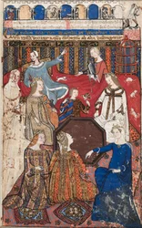 Blatt aus einem Cocharelli-Traktat über die Laster: Accidia und ihr Hof, ca. 1330-40