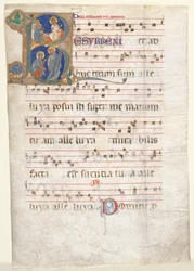 Blatt aus einem Graduale: Initiale R mit den drei Marien am Grab und Noli me Tangere, ca. 1270
