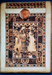 Deckel einer Truhe, die Tutanchamun und seine Frau Ankhesenamun in einem Garten zeigt, 14. Jahrhundert v. Chr.