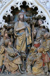 Leben von St. Johannes dem Täufer: "St. Johannes der Täufer zeigt den Ring Gottes." Hochrelief des nördlichen Endes des Nordchors (1531). Kathedrale von Amiens, Amiens, Frankreich