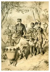 Livingstone, geschwächt durch Fieber, eskortiert nach Shintes Stadt, ca. 1854, 1883