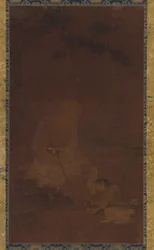 Lohan sitzt, ein Diener kniet vor ihm, Yuan- oder Ming-Dynastie, 1279-1644