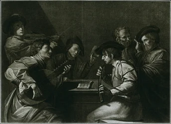 Laute, Violine und schwarzer gebogener Zink, italienischer Stich aus dem Jahr 1784, 1948