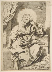 Madonna und Kind mit einem Vogel, Kopie in umgekehrter Richtung nach Cantarini, ca. 1635-1636 oder später