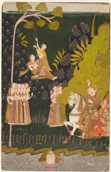 Maharaja Abhai Singh, Reiter, beobachtet Mädchen beim Schaukeln auf dem Teej-Festival, ca. 1740