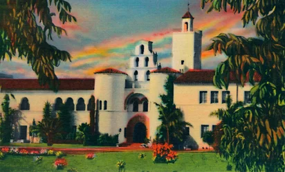 Haupteingang. Verwaltungsgebäude, Staatsuniversität. San Diego, Kalifornien, um 1941