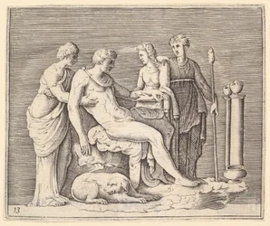 Mann von drei Frauen betreut, veröffentlicht ca. 1599-1622