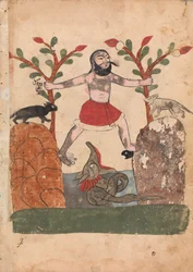 Das Schicksal des Mannes oder der Mann, der Zuflucht in einem von einem Drachen bewohnten Brunnen sucht, Folio..., 18. Jahrhundert