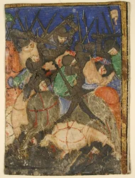 Manuskript-Ausschnitt zeigt eine Szene aus der hebräischen Schrift, vielleicht das Leben von König David, ca. 1400