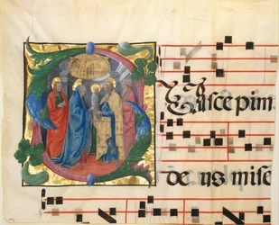 Buchmalerei mit der Darstellung im Tempel in einer Initiale S, aus einem Graduale, 1450-60.