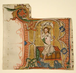 Manuskriptblatt mit einer illuminierten Initiale R und der Auferstehung, spätes 13. Jahrhundert