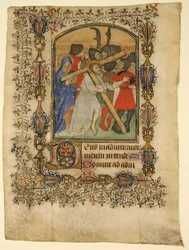 Manuskriptblatt aus einem Stundenbuch... Illuminiertes Initial D und Christus trägt das Kreuz, 1390-140