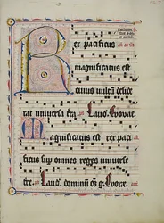 Manuskriptblatt mit Initiale R, aus einem Antiphonar, deutsch, zweites Viertel des 15. Jahrhunderts