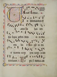 Manuskriptblatt mit Initiale V, aus einem Antiphonar, deutsch, zweites Viertel des 15. Jahrhunderts