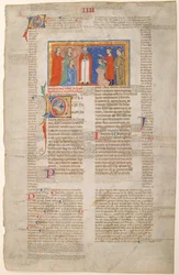 Manuskriptblatt mit Hochzeitsszene, aus den Dekretalen von Gregor IX., italienisch, ca. 1300