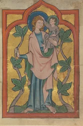 Manuskriptblatt mit dem heiligen Christophorus, der Christus trägt, deutsch oder schweizerisch, frühes 14. Jahrhundert