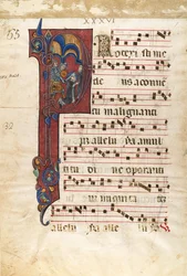Manuskriptblatt mit dem Martyrium des heiligen Peter Martyr in einem Initial P..., ca. 1270-80